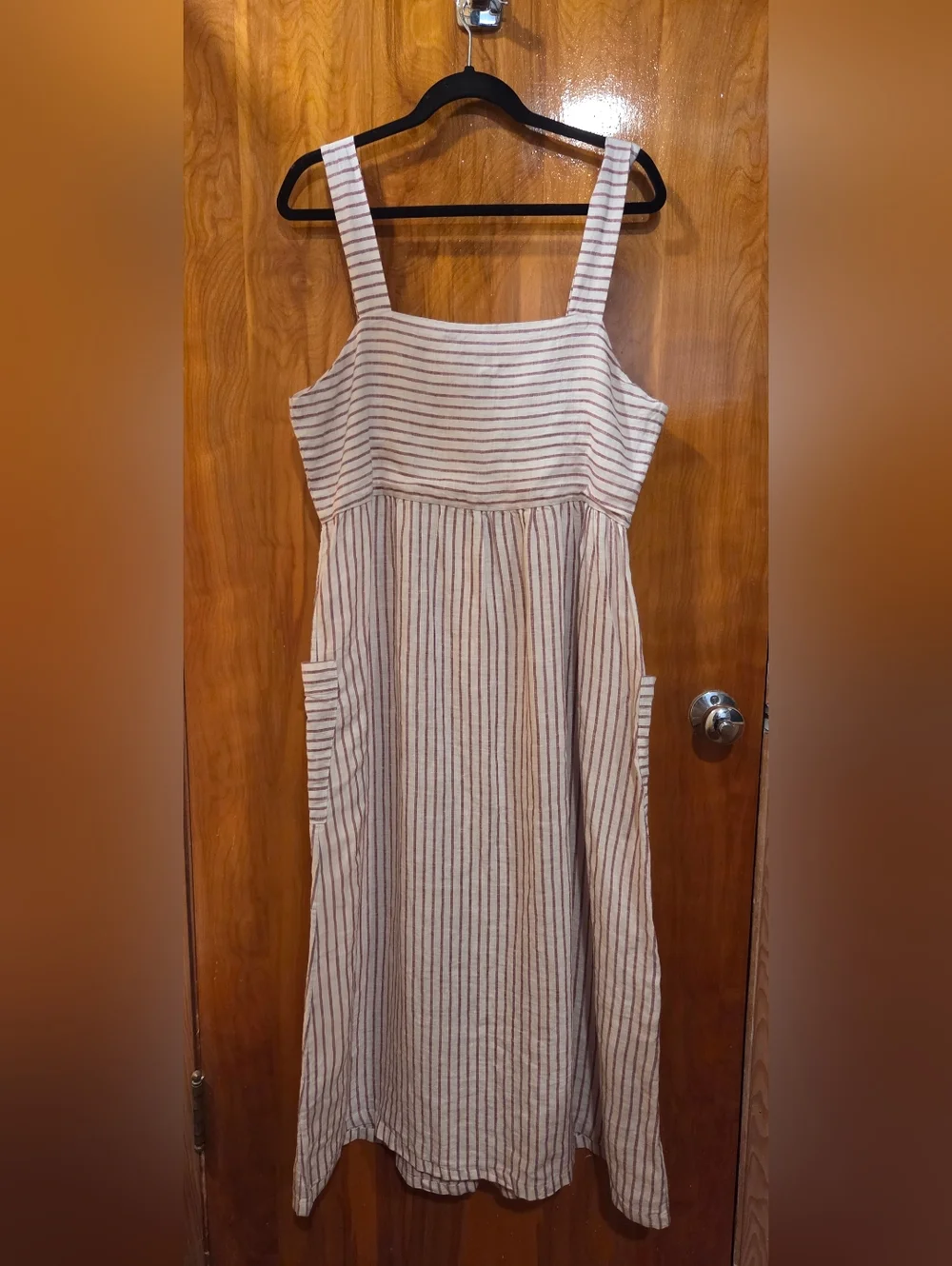 NWT Artisan NY 100% Linen Striped Beige Button-Front Midi Dress w/pockets Sz 12 - Picture 2 of 4